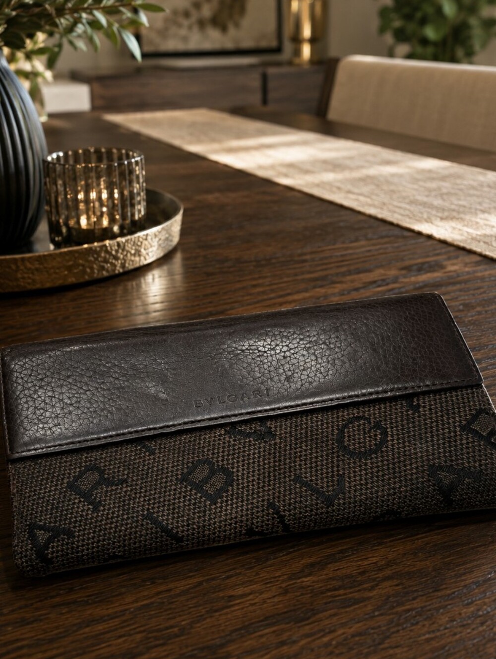 Bvlgari Dark Brown Leather & Monogram Wallet